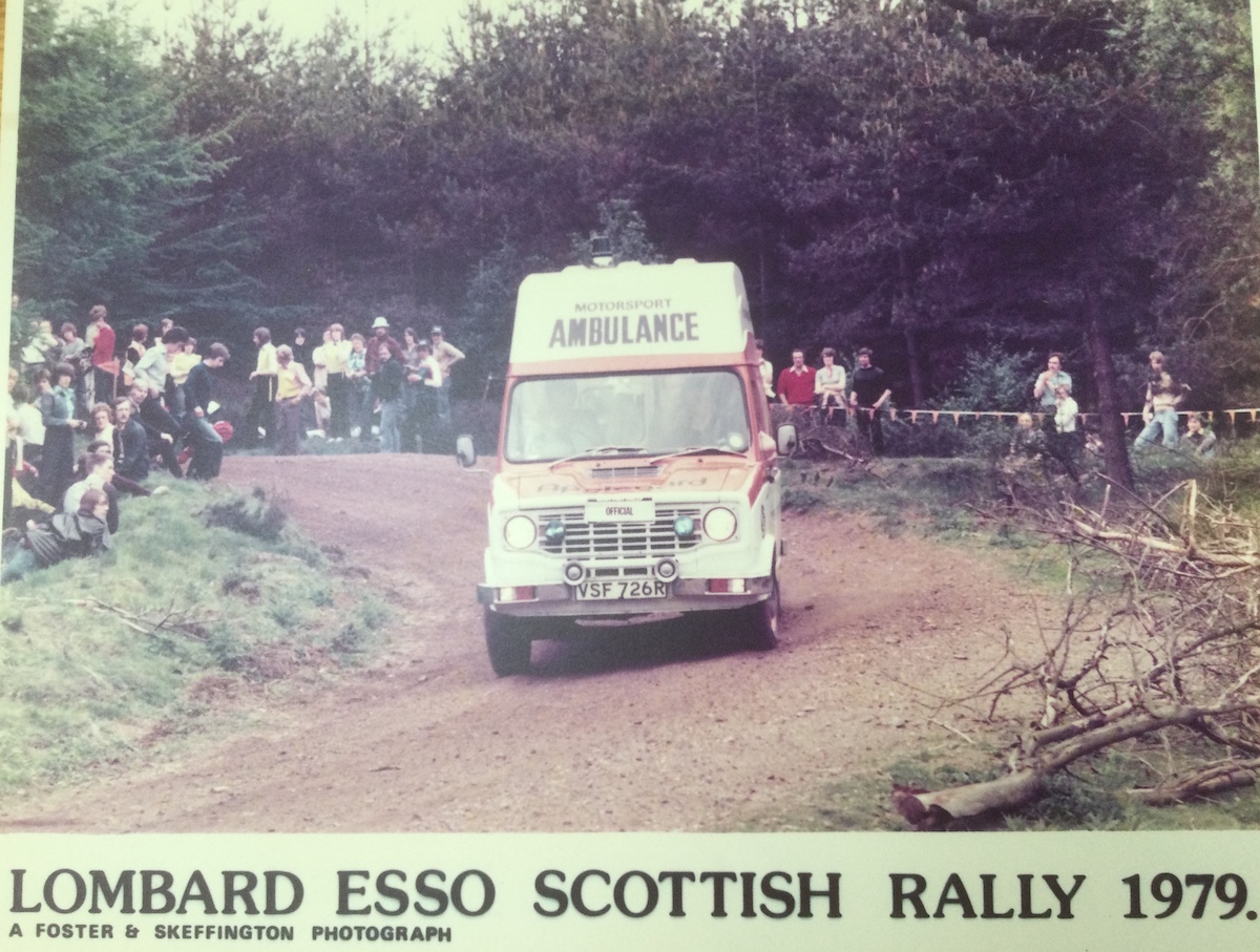 SMMC Rescue Unit travelling to an incident on the Scottish Rally in Devilla Forest in 1979