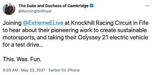 Tweet from HRH Prince William about driving Extreme E Series Odyssey 21 E-SUV at Knockhill