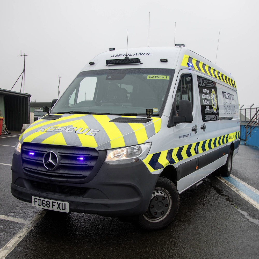 SMMC's new Motorsport Rescue Ambulance in the pit lane at Knockhill Racing Circuit