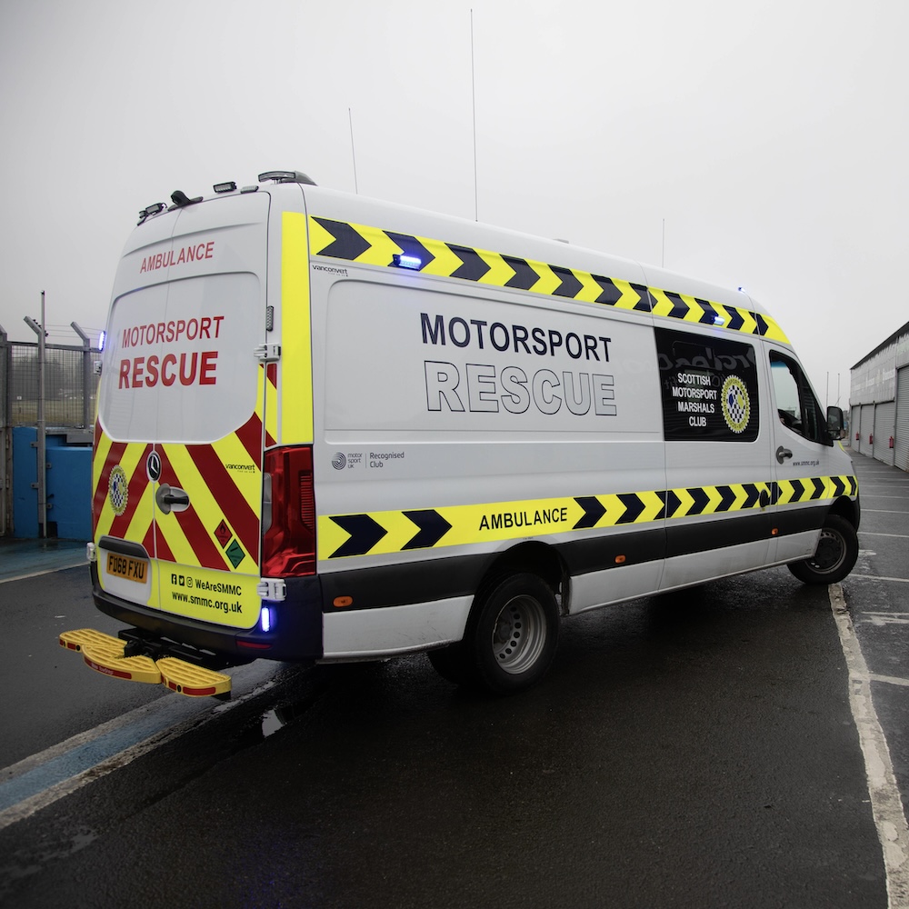 SMMC's new Motorsport Rescue Ambulance in the pit lane at Knockhill Racing Circuit